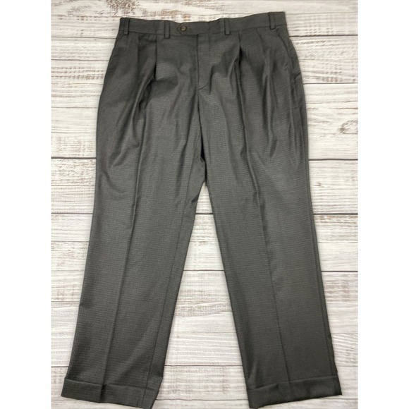 Ralph Lauren Mens Pants Gray Check Polyester Straight Pleated‎ Trousers 38x29 - Picture 1 of 6